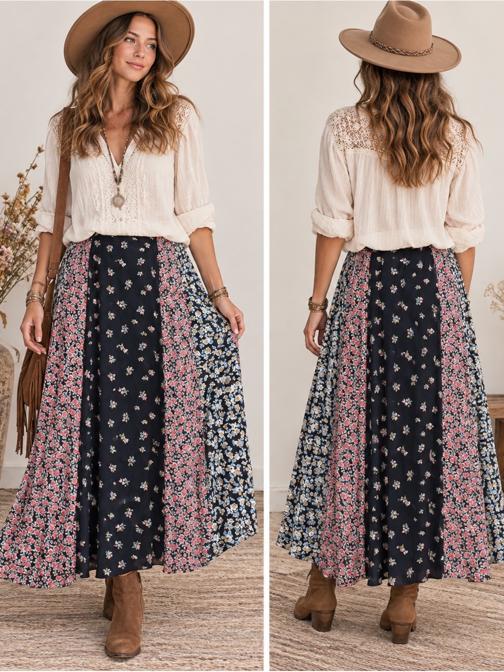 Free People Black Panel Floral Maxi Boho Cottagecore Prairie Maxi Skirt Small P